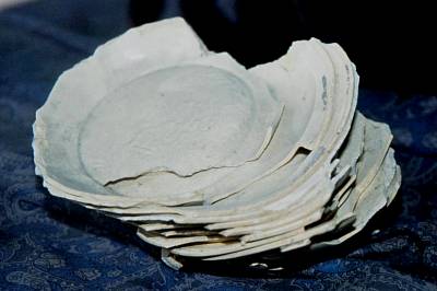 Stack of misfired qingbai dishes fired fusaho